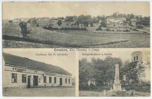 Herzogskirchen, Kreis Treuburg Gonsken, Gesamtansicht, Gasthaus, Kriegerdenkmal und Kirche Гонскен, общий вид, трактир, памятник воинам и церковь
