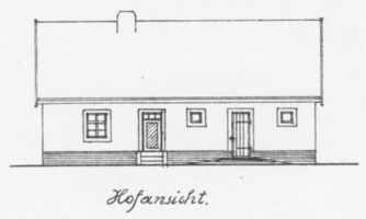  4 Bauzeichnungen eines Wohnhauses mit Stall für 40-60 Morgen in Ansichten  Bl. 8 - Hofansicht Bauzeichnungen für Neubauten von Gehöften durch Ostpreußische Landgesellschaft m.b.H., Königsberg