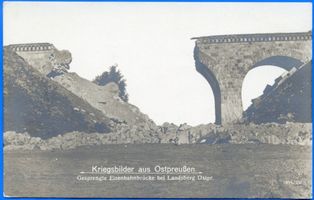 Landsberg, Stadt, Kreis Preußisch Eylau Landsberg i. Ostpr., Gesprengte Eisenbahnbrücke bei Landsberg 