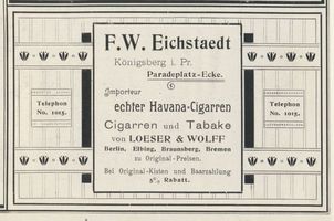 Königsberg (Pr.), Stadtkreis Königsberg Paradeplatz Königsberg (Pr.), Paradeplatz, Cigarren und Tabake, F. W. Eichstaedt Königsberg, Anzeigen