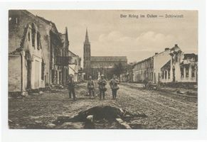 Schirwindt, Stadt, Kreis Schloßberg Schirwindt, Das zerstörte Schirwindt mit Kirche im Hintergrund Erster Weltkrieg