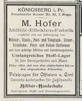 Königsberg (Pr.), Stadtkreis Königsberg Französische Straße 23 Königsberg (Pr.), Französische Straße, Militär-Effekten-Fabrik, M. Hofer Königsberg, Anzeigen