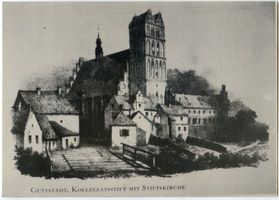 Guttstadt, Kreis Heilsberg Guttstadt, Kollegiatstift mit Stiftskirche - Lithographie 