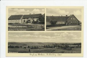 Workeim, Kreis Heilsberg Workeim, Gasthaus, Schule, Ortsansicht 