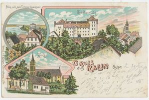 Rhein Kr. Lötzen, Kreis Lötzen Rhein Kr. Lötzen, Totalansicht, Kirche, Blick nach dem Taltener Gewässer 