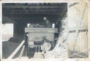 Milussen, Kreis Lyck Milussen, Scheune von Otto Borawski, Dreschen von Roggen 
