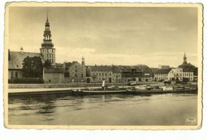 Tilsit, Stadt, Stadtkreis Tilsit Memelstraße Tilsit, Memelpartie mit  Deutscher Kirche Tilsit, Kai-Anlagen und Memelstr.