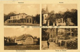 Löwenhagen, Ort, Kreis Samland Löwenhagen, Bahnhof, Kirche, Gemeindehaus, Partie am Walde 