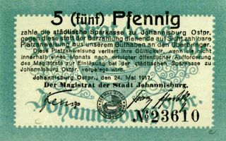 Johannisburg, Kreis Johannisburg Johannisburg, Stadtgeld, 5 Pf, gezackt Йоханнисбург, городские деньги, 5 пфеннигов, зубчатый край