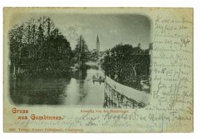 Gumbinnen, Stadt, Kreis Gumbinnen Bussasstraße Gumbinnen, Ansicht von der Holzbrücke 