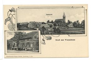 Warpuhnen, Kreis Sensburg Warpuhnen, Ortsansicht, Gasthaus Otto Korn (??) Варпунен, вид местечка, трактир Отто Корна (??)