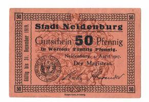 Neidenburg, Stadt, Kreis Neidenburg Neidenburg, Magistrat der Stadt , 50 Pfennig Gutschein 