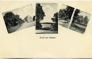 Doben Kr. Angerburg, Kreis Angerburg Doben Kr. Angerburg, Gutshaus (??), Blick über den Dobensee, Weg 