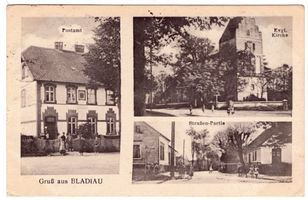 Bladiau, Kreis Heiligenbeil Bladiau, Postamt, Ev. Kirche, Straßenpartie 