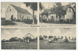 Reichensee, Kreis Lötzen Bogatzewen, Meierei, Schneiderei, Schule, Teilansicht Богацевен, молочная ферма, портновская мастерская, школа, частичный вид