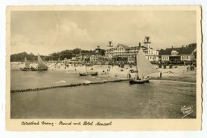 Cranz Kr. Samland, Ort, Kreis Samland Cranz Kr. Samland, Strand mit Hotel Monopol Cranz, Hotel Monopol