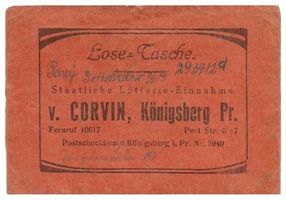 Königsberg (Pr.), Stadtkreis Königsberg Poststraße 6-7 Königsberg, Poststraße 6-7, Staatliche Lotterie-Einnahmestelle v. Corvin, Lose-Tasche 