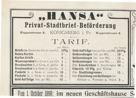 Königsberg (Pr.), Stadtkreis Königsberg Koggenstraße 8 Königsberg (Pr.), Koggenstraße, Privat-Stadtbrief-Beförderung,  HANSA  Königsberg, Anzeigen