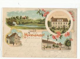 Mühlhausen Kr. Preußisch Holland, Kreis Preußisch Holland Mühlhausen, Schleuse, Kgl. Amtsgericht, Post, Rathaus, Apotheke, Hotel Deutsches Haus 