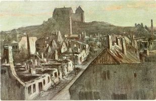Neidenburg, Stadt, Kreis Neidenburg Neidenburg, Zerstörungen im I. Weltkrieg, Gemälde Erster Weltkrieg