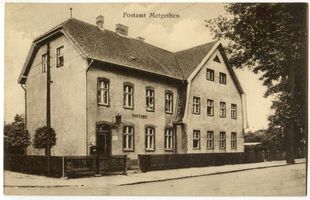 Metgethen, Ort und Bahnstation, Stadtkreis Königsberg Bahnweg 1 Metgethen, Bahnweg, Post II Metgethen, Häuser früher und heute