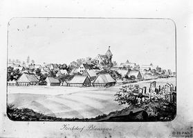 Blumenau Kr. Preußisch Holland, Kreis Preußisch Holland Blumenau Kr. Preußisch Holland, Aquarell: Ortsansicht 