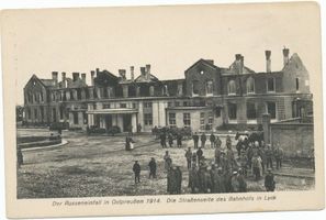 Lyck, Stadt, Kreis Lyck Lyck, Bahnhof Straßenseite, Zerstörung Erster Weltkrieg