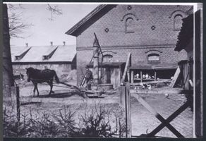 Landkeim Kr.Samland, Kreis Samland Landkeim Kr Samland, Gutshof, der pferdebespannte Göbel pumpt das Wasser in einen Behälter auf das Wohnhaus 