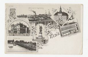 Tilsit, Stadt, Stadtkreis Tilsit  Tilsit, Blick zum Engelsberg, Postamt, Rathaus, Theater, Schiffbrücke, Schenkendorf-Denkmal Tilsit, Potpourri-Ansichtskarten