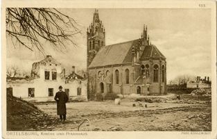 Ortelsburg, Stadt, Kreis Ortelsburg Ortelsburg, Kirche und Pfarrhaus, Zerstörungen Ортельсбург, церковь и пасторский дом, разрушения