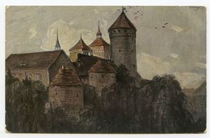 Rößel, Stadt, Kreis Rößel Rößel, Schloß und Kirche - Gemälde von Fritz Haß 
