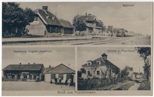 Windau, Kreis Neidenburg Puchallowen, Bahnhof, Gasthaus, Kirche und Pfarrhaus 