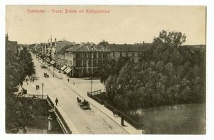 Gumbinnen, Stadt, Kreis Gumbinnen Adolf-Hitler-Straße (fr. Darkehmer Straße bzw. Königstraße) Gumbinnen, Große Brücke mit Königstraße Гумбиннен, Большой мост с Кёнигштрассе