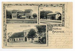 Grünheide Kr. Insterburg, Ort, Kreis Insterburg Grünheide Kr. Insterburg, Bahnhof, Post, Geschäftshaus Otto Грюнхайде, р-н Инстербург, вокзал, почта, торговый дом Отто