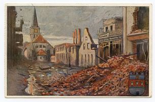 Schloßberg, Kreisstadt, Kreis Schloßberg Pillkallen, Die zerstörte Bahnhofstraße und die Kirche Erster Weltkrieg