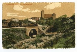 Rastenburg, Stadt, Kreis Rastenburg Rastenburg, St. Georgskirche mit Eisenbahnbrücke II 
