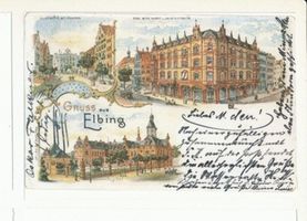 Elbing, Stadt, Stadtkreis Elbing Elbing, Spieringstraße mit Krantor, Ecke Alter Markt u. Lange Hinterstraße, Posthof Эльбинг, Шпирингштрассе с Крантором, угол Старого рынка и Ланге-Хинтерштрассе, Постхоф