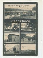 Haselberg (Ostpr.), Kreis Schloßberg Lasdehnen, Partie an der Szeszoppe, Straßenpartie, Badeanstalt, Kriegerdenkmal, Post, Ziegelei, Bahnhof 