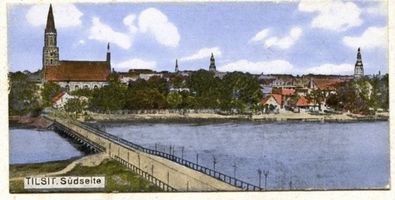 Tilsit, Stadt, Stadtkreis Tilsit Wasserstraße Tilsit, Teichbrücke mit kath. Kirche XVIII, Südseite Tilsit, Teichbrücke