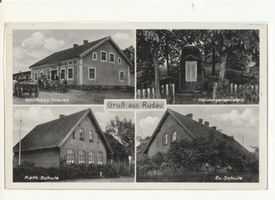 Rudau Kr. Samland, Historischer Schlachtenort, Kreis Samland Rudau Kr. Samland, Historischer Schlachtenort, Gasthaus, Heldengedenkstein, kath. Schule, ev. Schule Рудау, район Самбия, историческое место сражения, трактир, памятный камень павшим, католическая школа, евангелическая школа