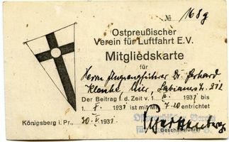 Königsberg (Pr.), Stadtkreis Königsberg Königsberg, Mitgliedskarte Ostpreußischer Verein für Luftfahrt E.V. 