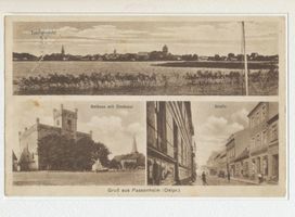Passenheim, Stadt, Kreis Ortelsburg Passenheim, Ortsansicht, Rathaus mit Denkmal, Straße 