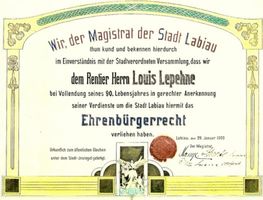 Groß Scharlack, Kreis Labiau Groß Scharlack, Ehrenbürger-Urkunde für Herrn Louis Lepehne 