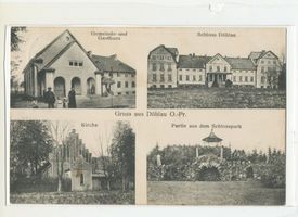Döhlau, Kreis Osterode Döhlau, Gemeinde-und Gasthaus, Schloss, Kirche, Partie aus dem Schlosspark 