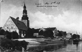 Tilsit, Stadt, Stadtkreis Tilsit  88 Tilsit, Deutsche Kirche, Memelstr. mit Bollwerk XXIII Тильзит, Немецкая церковь, Мемельштрассе с валом, XXIII