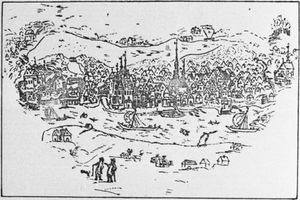 Tilsit, Stadt, Stadtkreis Tilsit Tilsit, Umzeichnung der auf dem silbernen Schützenkönigsschilde 1695 eingravierten Stadtansicht (Stadtplan) Тильзит, перерисовка вида города, выгравированного на серебряном щите стрелкового короля 1695 (план города)