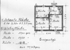  6 Bauzeichnungen eines Wohnhauses für 6 Morgen in Seitenansichten und Draufsichten mit Maßen Bl. 1 - Grundriss Erdgeschoss Bauzeichnungen für Neubauten von Gehöften durch Ostpreußische Landgesellschaft m.b.H., Königsberg
