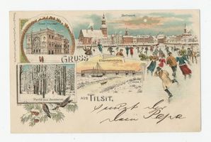 Tilsit, Stadt, Stadtkreis Tilsit  Tilsit, Eislaufen auf der Memel, Stadttheater, Eisenbahnbrücke, Park Jakobsruh Tilsit, Winterfreuden