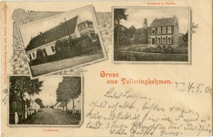 Tollmingen, Kreis Goldap Tollmingkehmen, Dorfstraße, Amtshaus und Kirche 