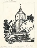 Schulen, Kreis Heilsberg Schulen, Kirche, Zeichnung 